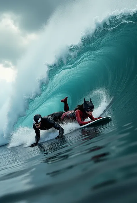 Venom and batwoman surfing on big wave and they are surfing laydown by their abdomn on the surfboard