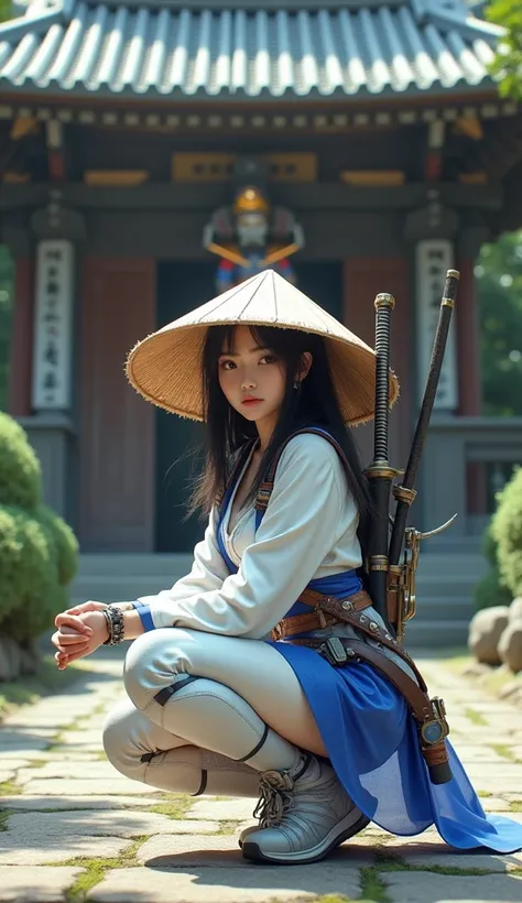 2.5 D, the best realistic octane rendering image, 32k, 16k. A perfectly beautiful and cute woman, wearing a white and blue samurai mecha armor Outfit, complete with equipment and a wide round straw hat, was posing in a ninja-style squat while touching the ...