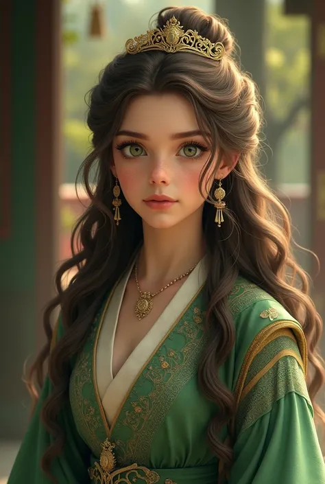 Young, female, long wavy hair, brown hair, thick hair, green eyes, freckles, golden skin, princess, medieval clothing, fantasy, closed clothing, green clothing, traditional Asian clothing, robe, little gold crown, realistic
