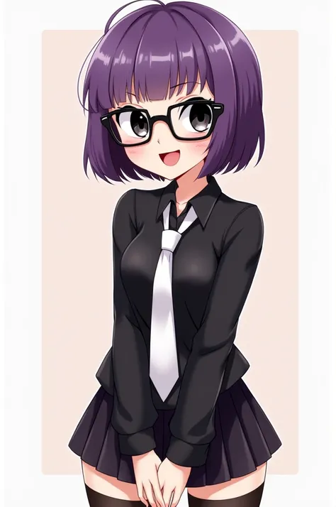 A girl with black eyes, square glasses, short straight purple hair, wearing a black satin blouse and white tie, and a short black skirt with black stockings, smiling in cartoon