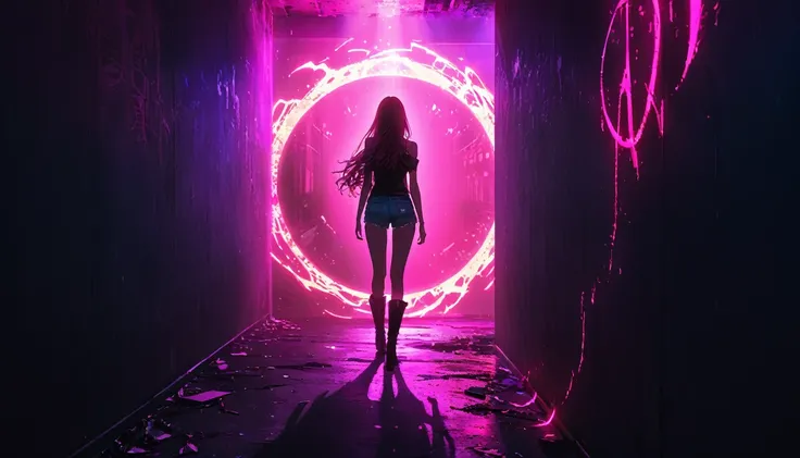 (Portrait of a mysterious giant eye), indoor, Fluorescent illumination, (Darkness shrouded, Wall background, black background, shadow, extreme darkness:2.0), Minimalist graffiti style background, Fluorescent pink eye graffiti, Dark atmosphere, 1girl, Overs...