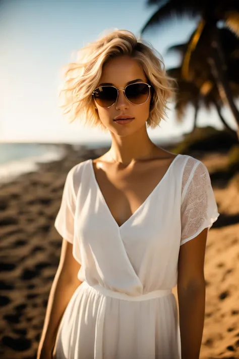 portrait of a blonde woman in white dress, (short hair), (cinematic), realistic, ([perfect|natural] skin:1.2), (sunglasses on forehead:1.2), outdoors, ocean view, depth of field