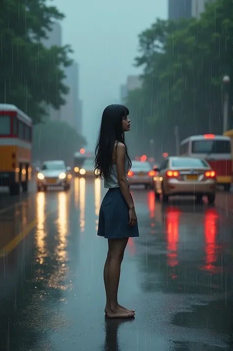 a girl in the rain with different vehicles in the road