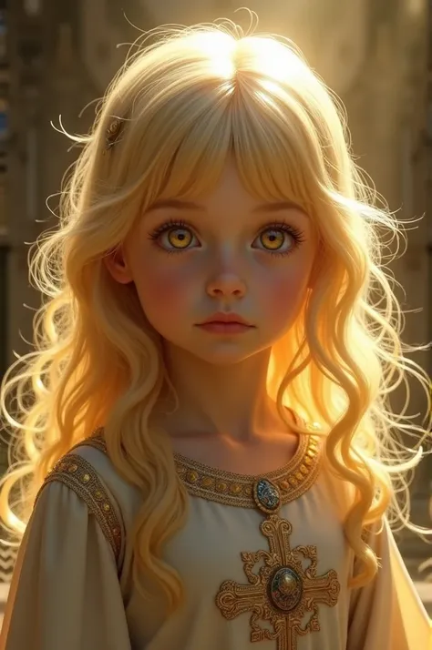 Create a child between 4 and , with b Golden yellow hair, golden eyes, angelic features, and medieval clothing, His father is a Nephilim and his mother is Jeanne d&#39;Arc