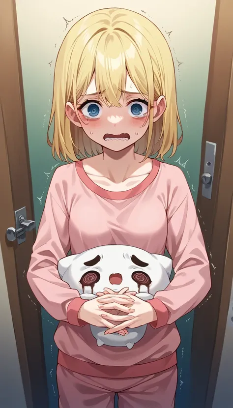 POV Top view of cute  Chibi child at bedroom door, small breasts, blonde, blonde, pink pajamas, Moda Joji, standing holding a third in his arms hugging, afraid, Chore, Expression of surprise, Dark night room background,holding pillow in hands ,eyes fear,sc...