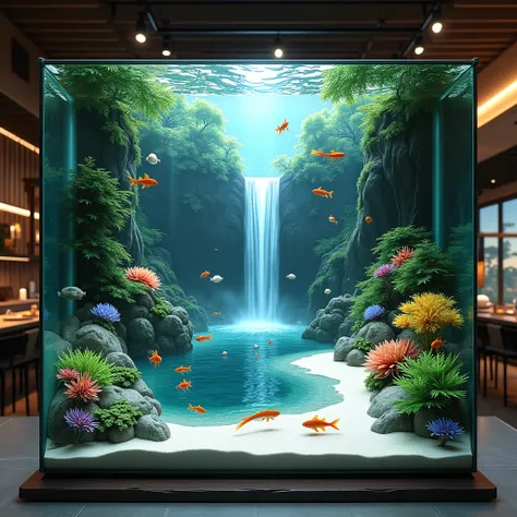 aquascape, waterfall and its habitat, with white sand, and a river, bordered by a glass box with artistic carvings that say matsu with the correct spelling on the dining table, marine life, realistic, UHD 64K, looks real, very dynamic, photo quality very h...