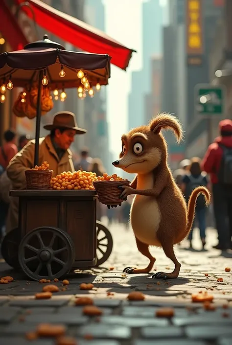 Dramatic shot of Nutmeg stealing a snack from a street performers basket."