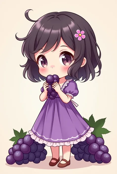 Make me a drawing of a  wearing a purple dress and she likes grapes in chibi drawing style