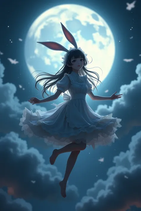 　Japanese beautiful  underworld bunny maid girl、
unning on a full moonnlit and flying in the sky