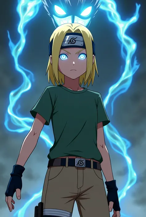 Make a Boruto oc that is a  blonde girl, I have a matte green shirt and beige pants and fingerless gloves that is possessed and controlled by Kurama but Kurama&#39;s Chakra is dark blue 