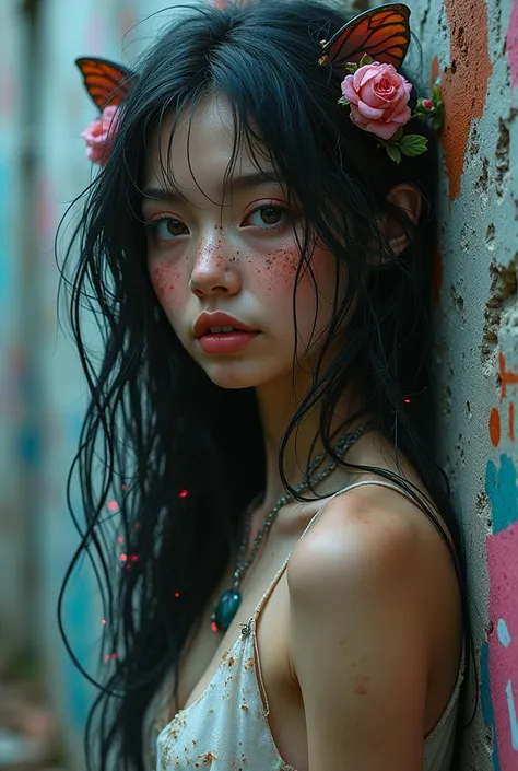 A grittily enchanting nymph, her delicate features a stark contrast to the urban decay surrounding her: dirt-smudged cheeks adorned with ethereal freckles, tangled neon hair cascading over graffiti-covered walls. The digital painting showcases a mix of cyb...