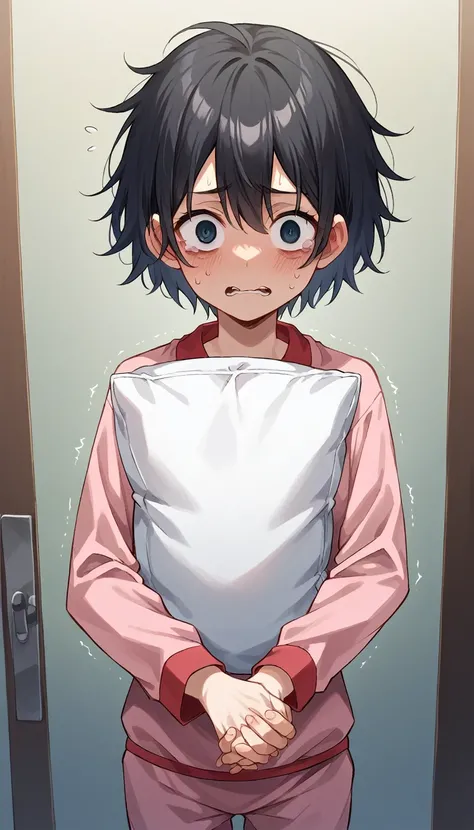 Viewer Top view little cute Chibi child  at bedroom door, small breasts, messy bob cut, black hair, elementary school boy, burnt skin, pink pajamas, Moda Joji, standing holding a pillow in his arm hugging, afraid, Chore, Expression of surprise, Dark night ...