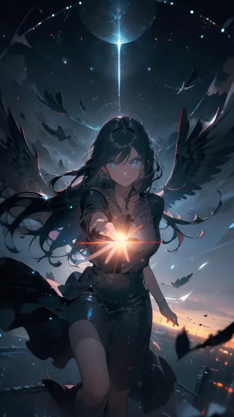 Angel flying in front of black hole, fly in the sky,rain,night,thunder,Black wings,Female 1,Long black hair,in the sky,Landscape