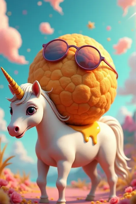 Create a large fried cheese ball with sunglasses on top of a unicorn