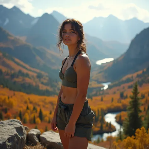 1 stunning young teen girl on an expedition in the Rockies, taking a moment to relish the astounding vista she has reached, unaware of anyone photographing her, captured in a moment of self-intimacy, extremely sweaty:1.1, moist very feminine hiking outfit:...