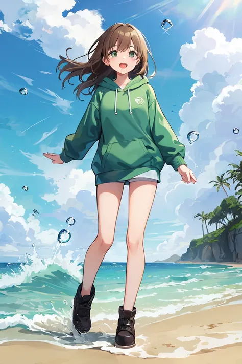 1girl, light brown hair, dark green eyes, dark green hoodie with heart mark accents, spirit of the wind, Backlight, Bright in backlight, Sun behind, Summer sky, cumulonimbus, Girl standing on breakwater, looking at me., Narrowed eyes and a happy look, chee...