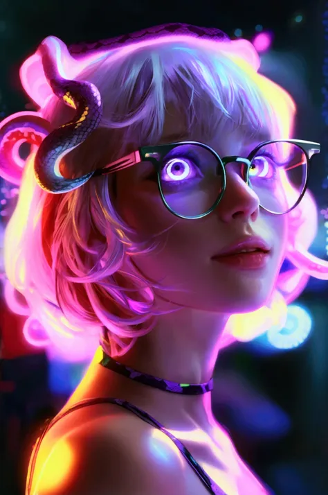 violet, completely nacked neon lighting, short hair with cute little snakes for hair, pale skin, brightly glowing purple eyes, p...