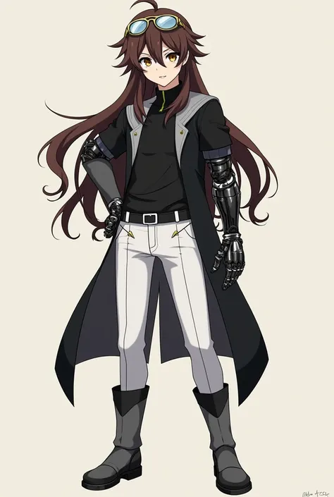 an anime boy with long brown hair, he has very long sideburns,he wears a black tunic with a gray shoulder belt, his eyes are brown, white pants, black gloves, his right hand is robotic he wears gray boots and he has aviator glasses on his forehead