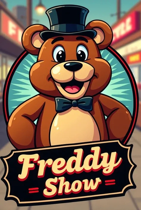 Logo of a pizzeria with animatronics from the 80s, an anthropomorphic brown bear in the Cartoon style wearing a black top hat, a black tie, a beige spot on the belly, and the words Freddy Show Pizza underneath, a logo very characteristic of the 80s, a comm...