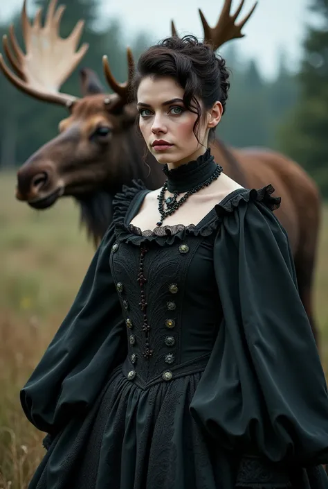 woman, 40 years, Light skin, very short curly dark brown hair, very dark green eyes, Gothic period clothing, average height and fat, full body image. A large adult moose in the background 