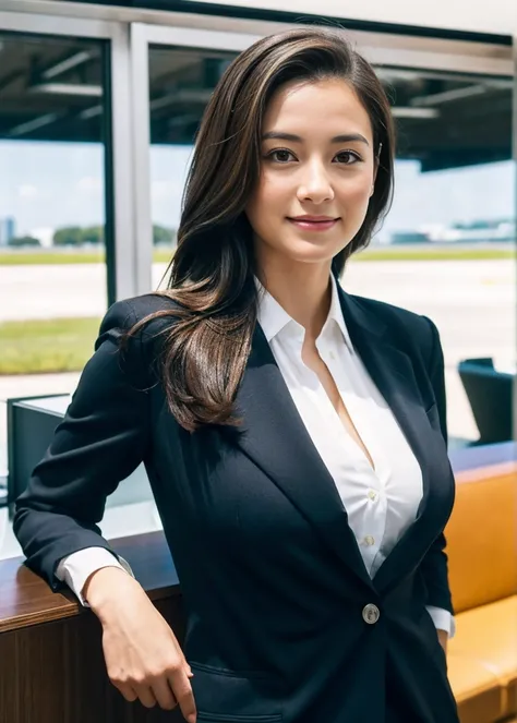 Business Suit
Next to large floor-to-ceiling windows in an elegant airport lounge, the 1 Asian girl  with Her D-cup natural breasts  stands wearing a fitted black business suit. Her long brunette hair falls naturally down her back, with a few strands frami...