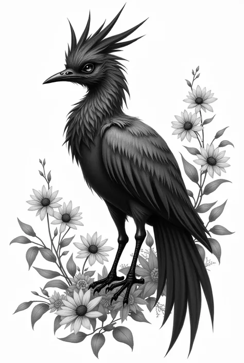 a chirigue bird but in black and white drawing, with flowers
