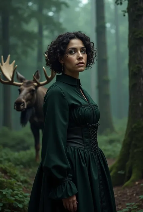 woman, 40 years, Light skin, very short curly dark brown hair, very dark green eyes, Gothic period clothing, average height and fat, full body image. A large adult moose in the background. em uma floresta escura