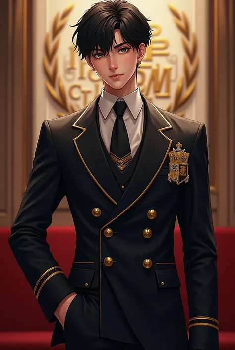 The full-body character design is of a young man around 1, wearing a school uniform. He has short, straight, dark hair. His face is confident and arrogant, as if everything should be under his control. He wears a uniform with the school&#39;s symbol design...