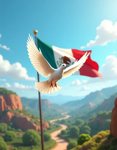 A white dove flying over the Mexican Republic and the flag of Mexico in a pixar 3d style background