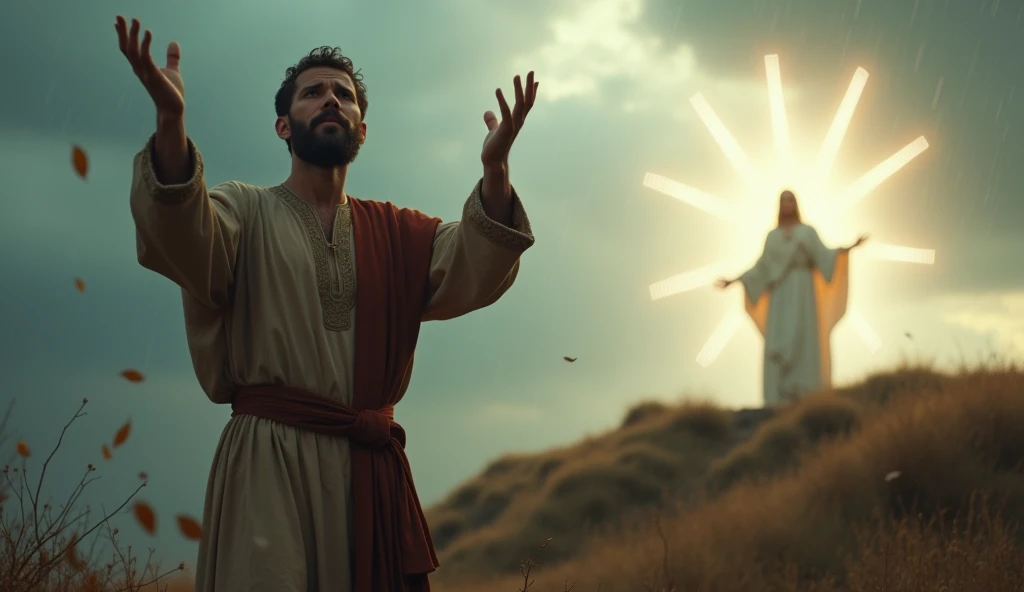 Here is a prompt to create a realistic, cinematic image that captures the moment when the prophet Jeremiah hesitates and expresses his insecurity.:

---

**Prompt:**

"Create a realistic, cinematic image of the prophet Jeremiah in a natural setting, reflec...