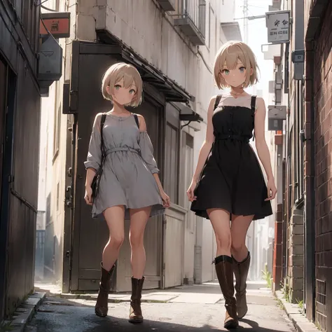 A single girl with short blonde hair, with a casual long gray dress and brown boots with black tones, in an alleyway