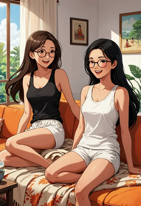 create an idyllic image in anime illustration style of two women watching television, one is a beautiful british woman with semi-long straight light brown hair, who is dressed in a white tank top and white shorts and has her legs, which are crossed in the ...