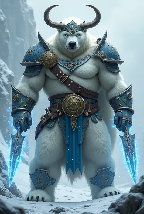 Humanoid polar bear warrior with viking armor and weapons