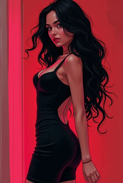 Draw a seductive woman using black, red and dark pink colors only cartoon style
