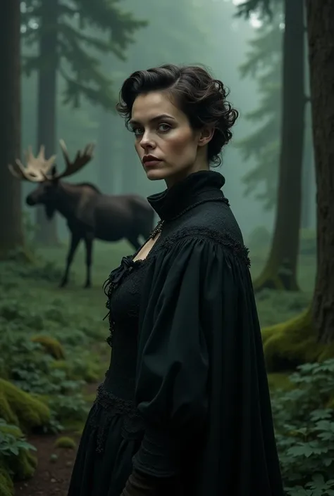 woman, 40 years, Light skin, very short curly dark brown hair, very dark green eyes, Gothic period clothing, average height and fat, full body image. A large adult moose in the background. em uma floresta escura