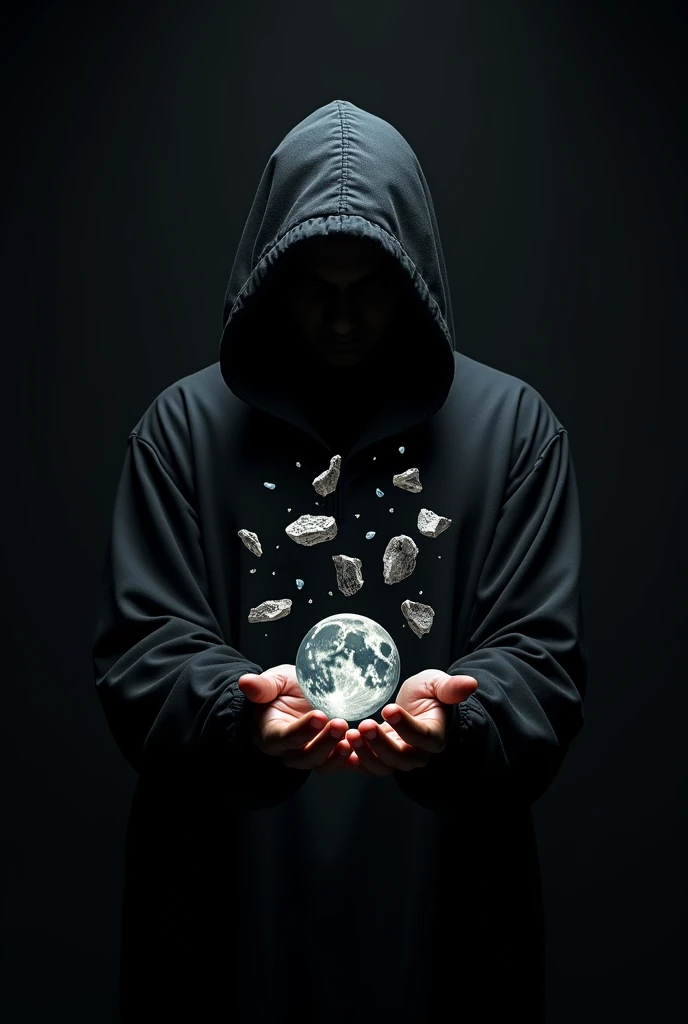 Generates an image of a black-hooded man with a black background holding a moon broken into many pieces, that the image is square as for a profile photo