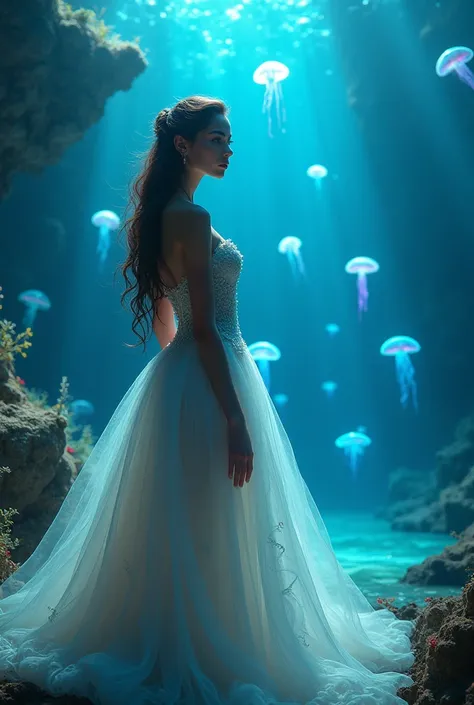 a serene night fantasy by the ocean, a beautiful woman with long flowing hair, detailed face and eyes, elegant dress, surreal underwater scene, bioluminescent creatures, glowing jellyfish, ethereal atmosphere, vivid colors, dramatic lighting, cinematic com...