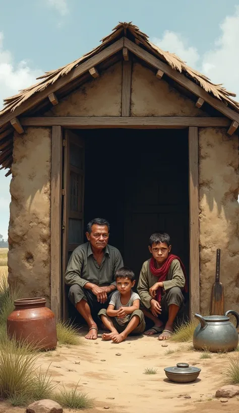 "A poor farmers family sitting outside their small, run-down house made of mud and wood. The family looks tired and worn out, with basic clothes and simple utensils around. The landscape is barren, showing the harsh conditions they live in."