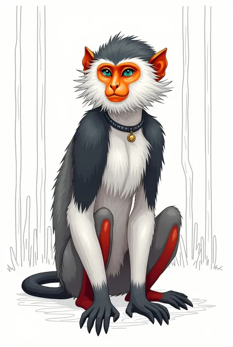 (seaart) line art. female red shanked duoc langur. Dark grey hair on head. White fur around face. Orange face, round nose. Ears not visible. Orange eyes, light turquoise around eyes. Furry body. Black shoulders and biceps. White forearms. Grey body. Dark r...