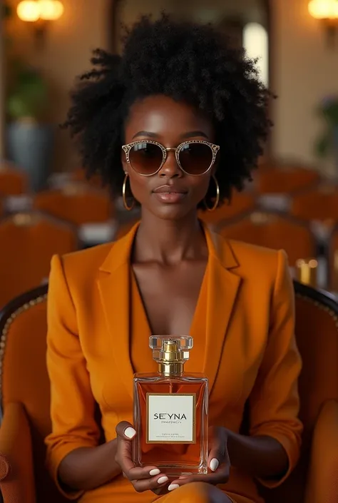 Femme métissse capverdienne ivoirienne avec des beaux lunettes de soleil  dorés assise á un évènement chic avec plusieurs chaises , tenant un beau et gros parfum de 100 ml  écris dessus Seyna fragances