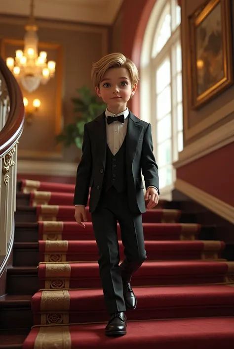 Niño de siete años vestido  😊 muy elegant cabello rubio castaño ojos marron  piel blanca zapatos muy finos realist bajando  en las escaleras de una mansion 