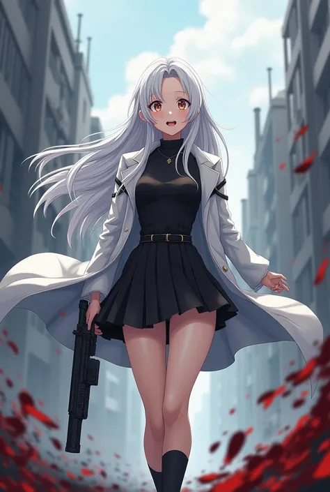 (Japanese anime feel) (In the middle of war) (girl with long white hair) (black clothes) (white coat) (Black skirt that doesn&#39;t cover the knees) (Bare legs) (Open mouth smiling expression) (With a gun)