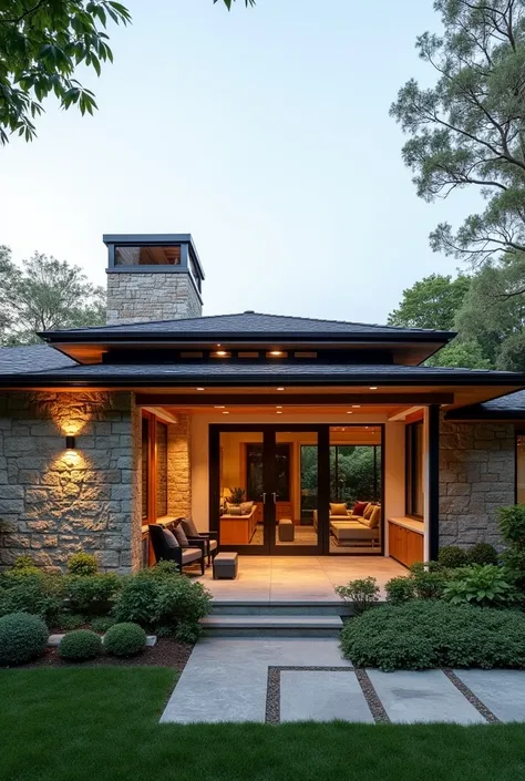 Modern single-story house with cozy stonework wall with roof and skylight in front garden 
