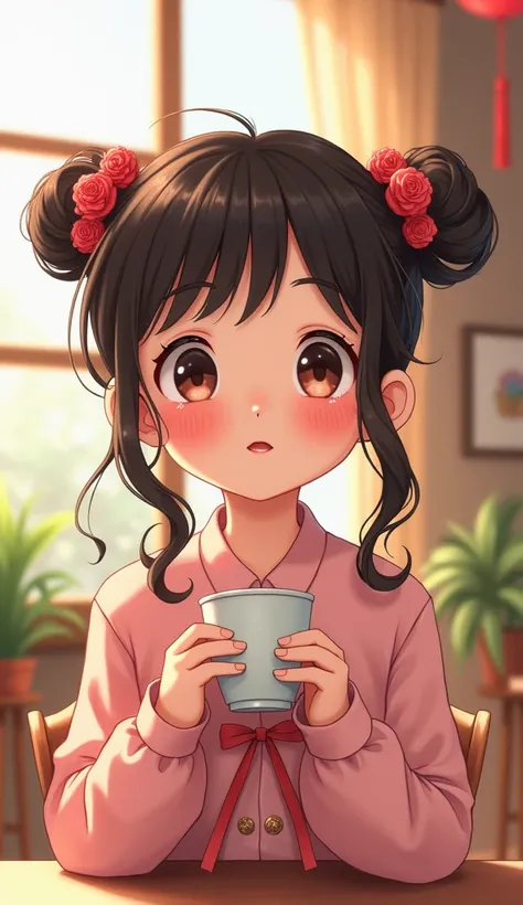 A cute little beauty with classic Chinese style，have big eyes，Showing a doll-like innocence and playfulness, holding coffee in hand, tilting head, long hair, slightly curly hair, wearing rose hair bundles, facial features, big and bright eyes, smiling lips...