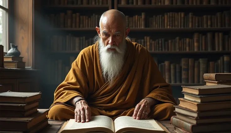 Monk studying with patience and curiosity 