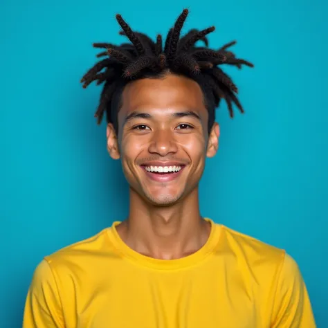 photographyrealistic. Perpendicular to the front photo of a young Indonesian male face. smile. punkdreadlock hairstyle. yellow t-shirt. blue background Ultra-realistic 8K photograph, shot with a Leica Q2, strong color contrast and sharp clarity --quality 2...