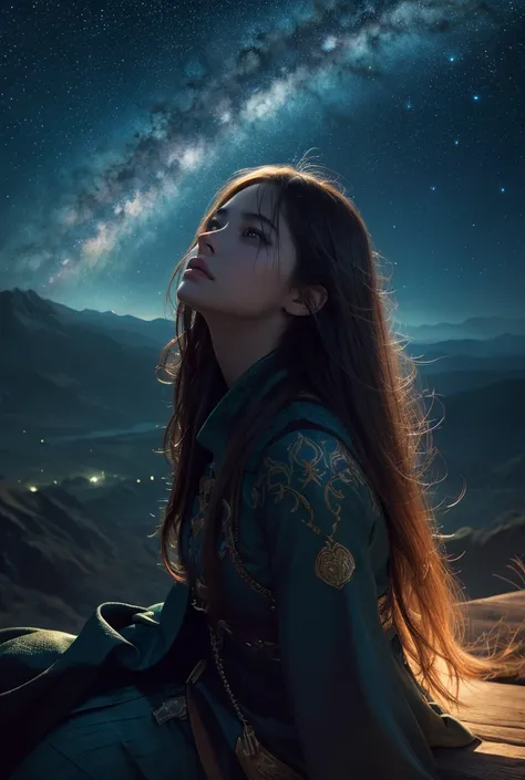 a girl sitting on a hill, looking up at the night sky, detailed face, beautiful eyes, long hair, detailed clothing, detailed background, cinematic lighting, fantasy landscape, stars in the sky, colorful sky, vibrant colors, intricate details, (best quality...