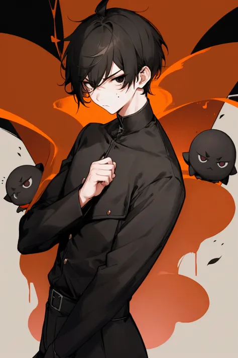 black eyes, serious, by black, black clothes, Moles, , short hair, Cute boy 