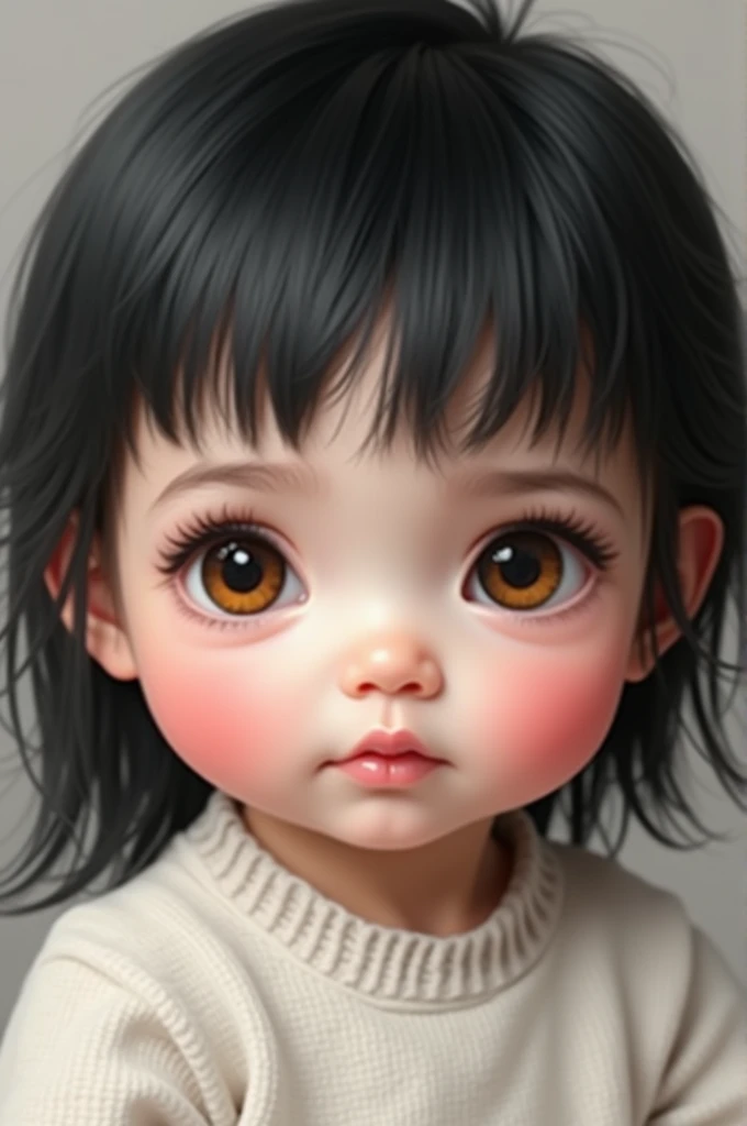 Image of a  baby with very white skin, black hair, straight hair, big honey-colored eyes, with thick eyebrows and eyelashes and that was realistic, portrait 