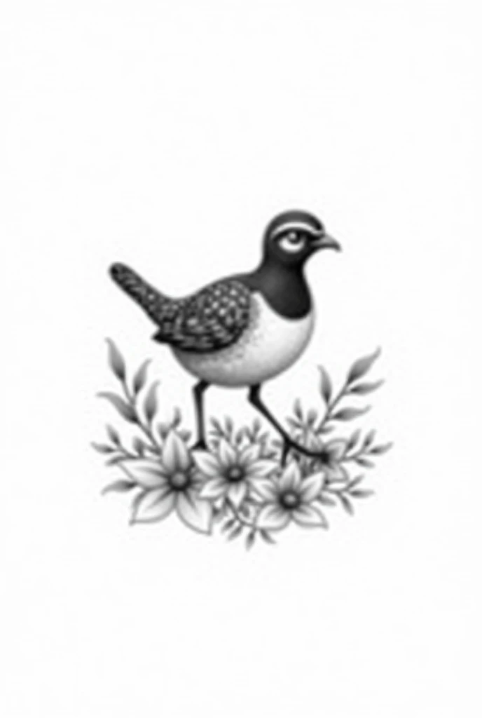 a black and white drawing of a male quail, that his body is on its side but his head is facing forward, that is small and pretty, that is placed on some flowers and can be used to make a tattoo